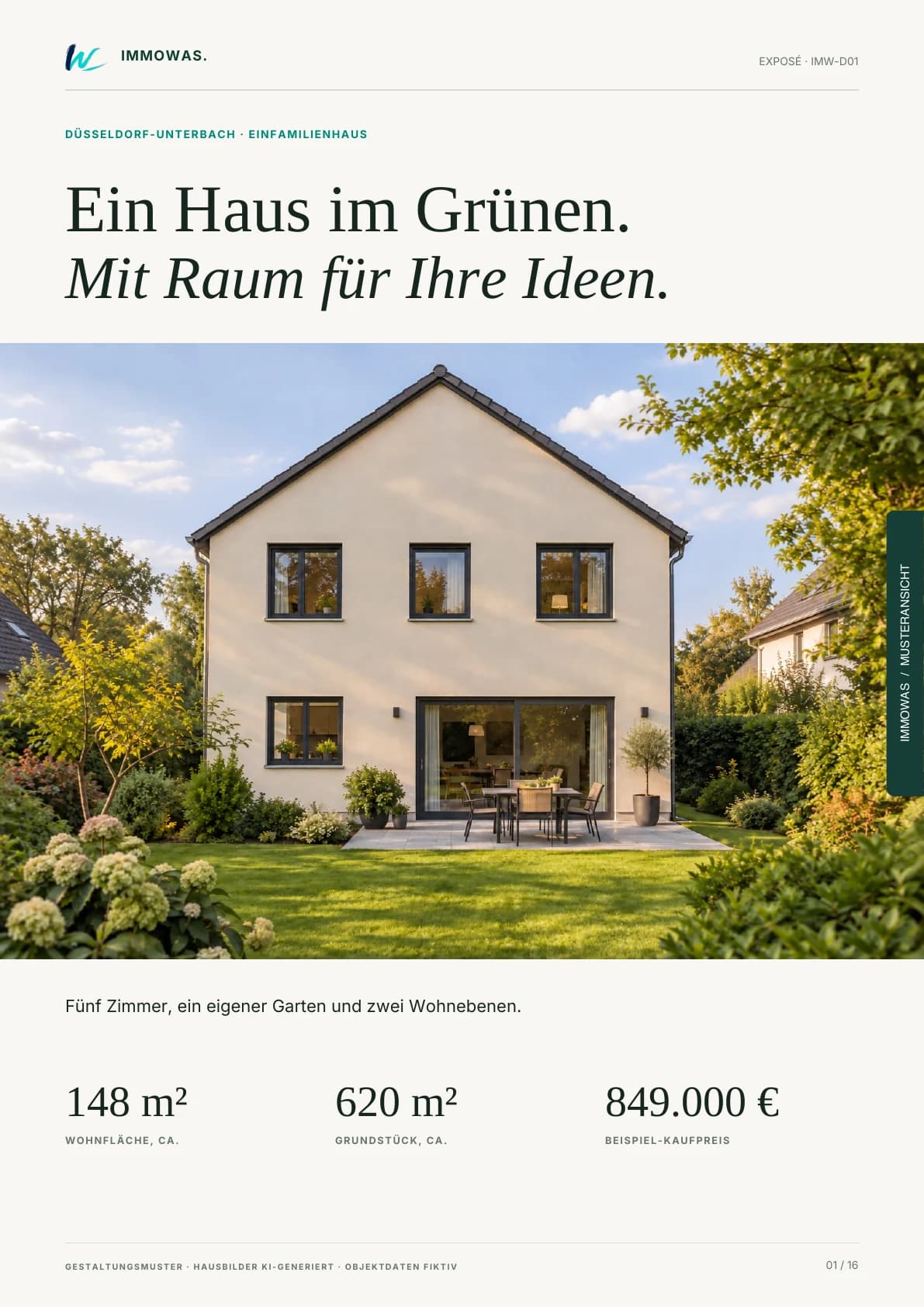 Musteransicht: Titelblatt des fiktiven Immowas-Exposés für ein Einfamilienhaus in Düsseldorf