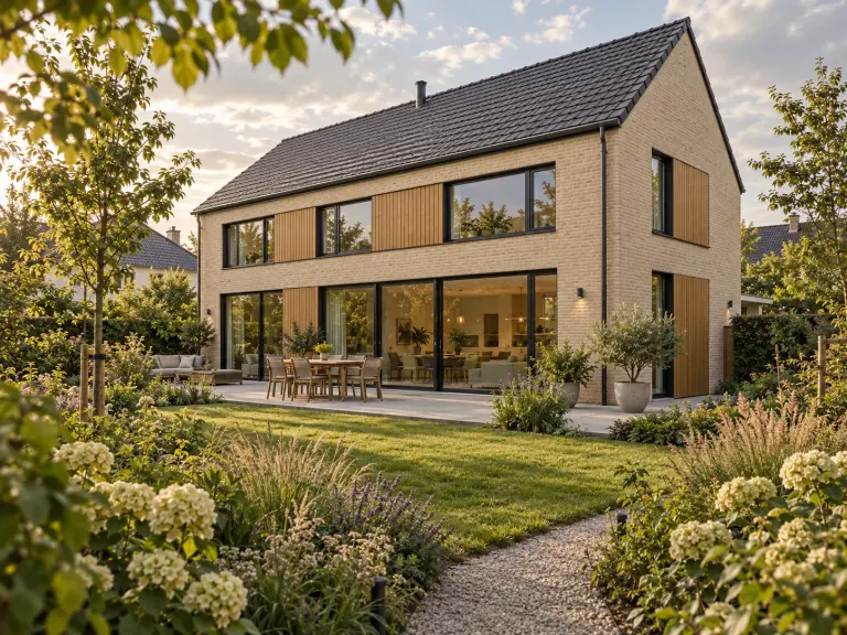 Gartenseite eines hellen Backsteinhauses mit Holzdetails, Terrasse und blühendem Garten